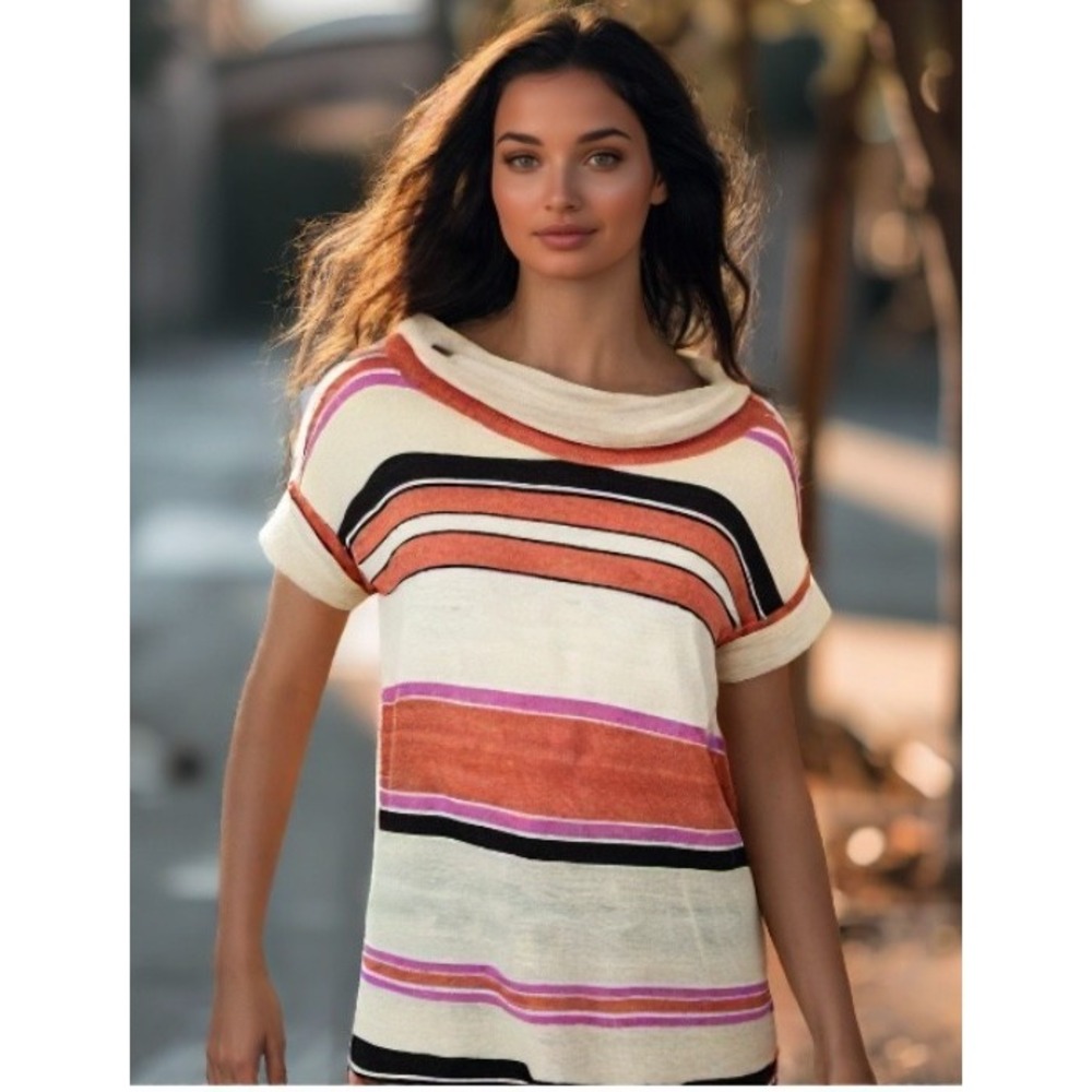 Max Mara Tunic Size Medium Linen Stripe Cowl-Neck Short Sleeve Split Sides Beige